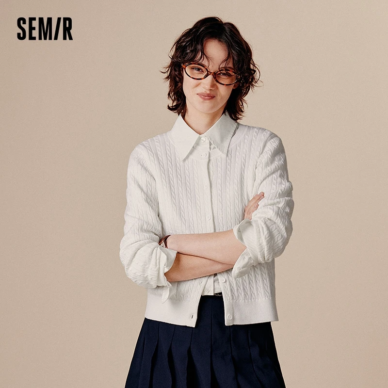 Semir Knit Cardigan Women Short Knit Cardigan Round Neck Solid Color 2024 New Autumn Soft and Slim Fit Cable Knit Sweater