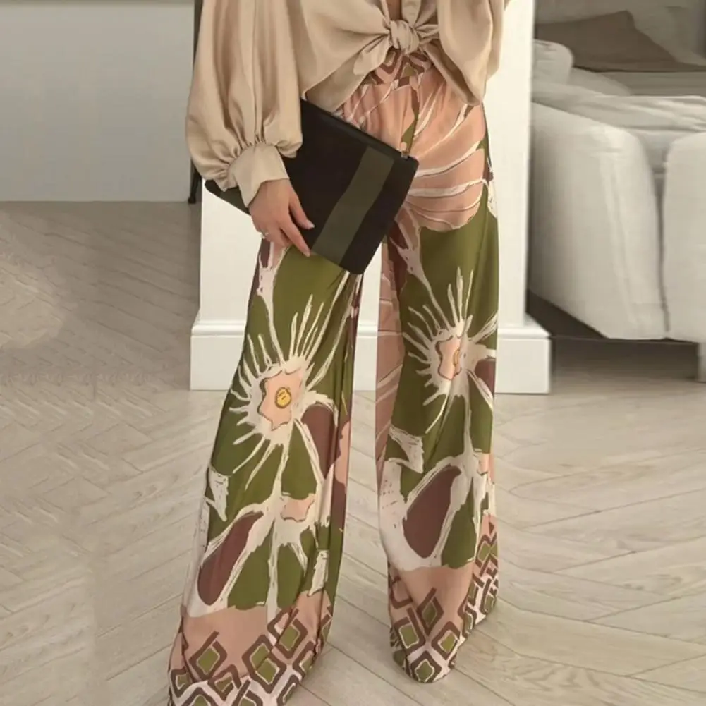 

Casual Elastic Waist Trousers Retro Print Wide Leg Pants Bohemia-inspired Women's Wide Leg Pants Breathable Floral for Summer