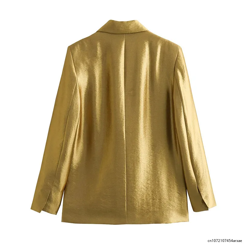 Hight Street Gold Blazer Jasje Vrouwen Lange Mouw Gekerfde Enkele Rij Knopen Zak Vrouwelijke Jassen 2024 Herfst Elegante Damesjas