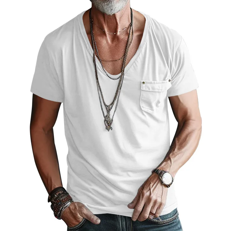 

Men's Short-sleeved T-shirt With V-neck Pocket 2025 New Style Trendy Brand Solid Color Casual Short-sleeved T-shirt