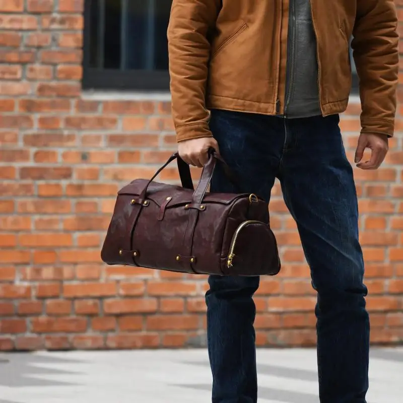 casual luxury genuine leather men's large-capacity travel bag vintage designer handmade high-quality real cow leather handbag