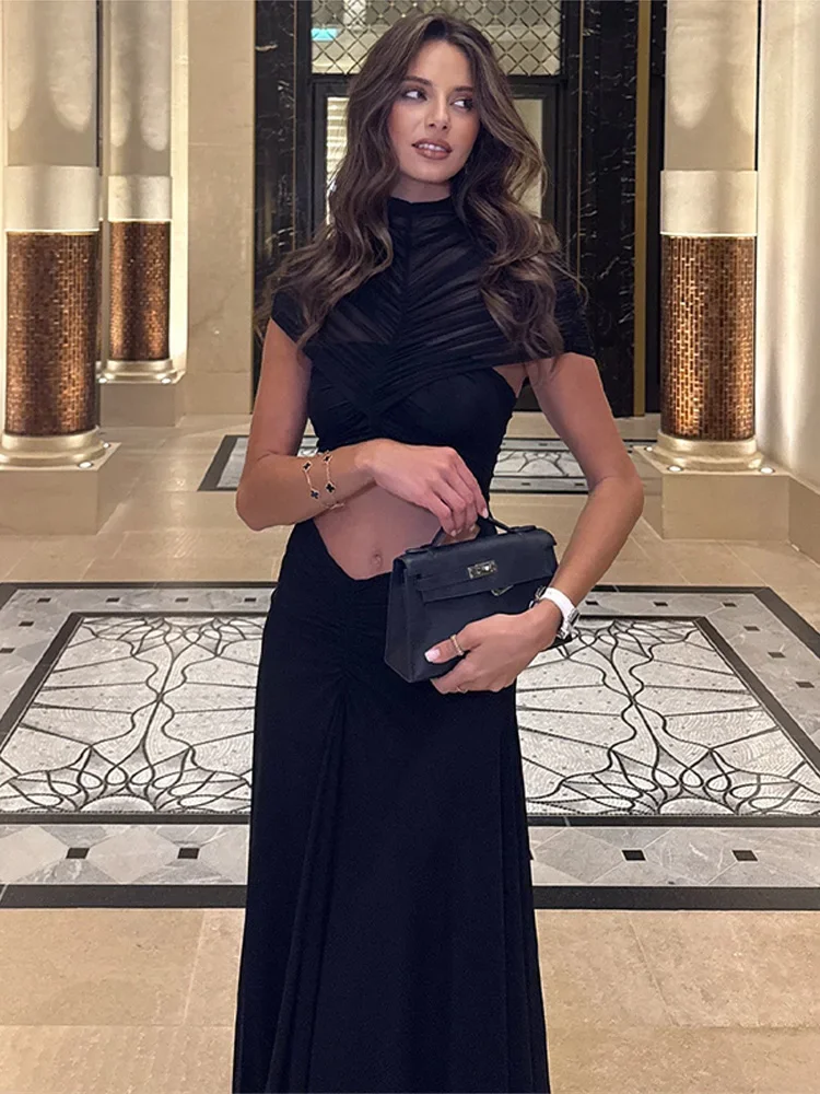 Women Cutout Maxi Dress Solid Mesh Yoke High Neck 2025 Evening Elegant Women Vestido Fashion Glamorous Lady Party Gown