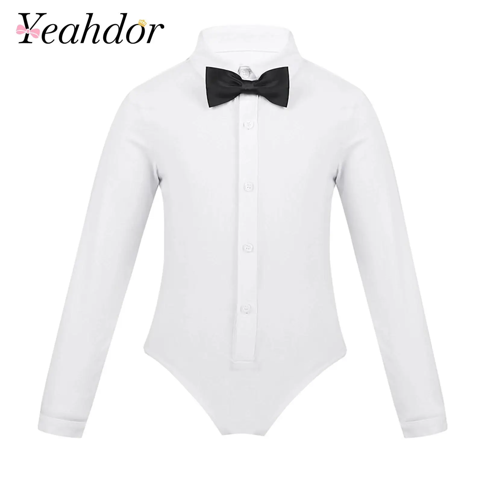 

Kids Boys Long Sleeve Shirts Rompers Lapel Gentleman Bowtie Shirt Leotard Bodysuit Children's Latin Dance Performance Costumes
