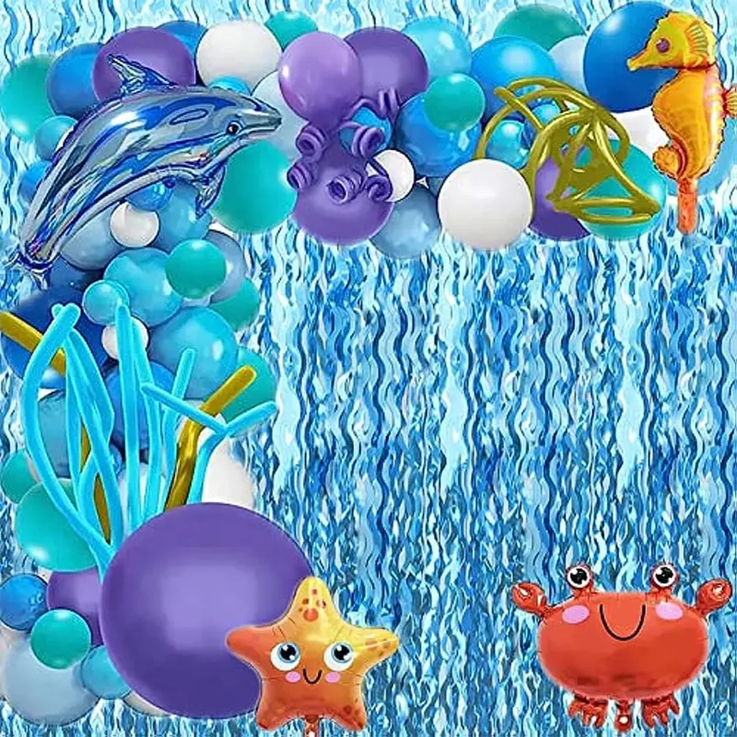 2PCS 2 * 1M metal wire foil tassel curtains in blue, suitable for baby showers, mermaids, underwater, ocean, and frozen party