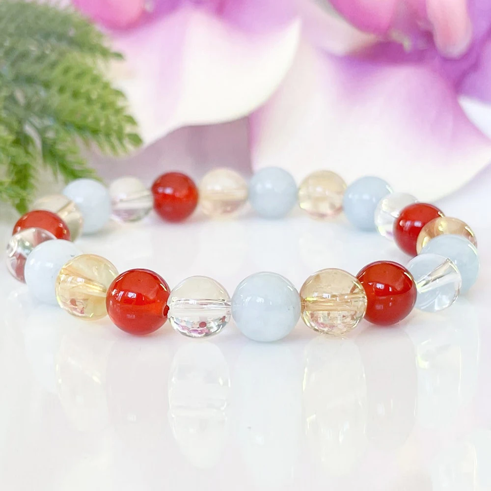 MG1489 Aries Zodiac Gemstone Bracelet Aquamarine Citrine Carnelian Clear Quartz Healing Bracelet April Birthstone Aries Gift