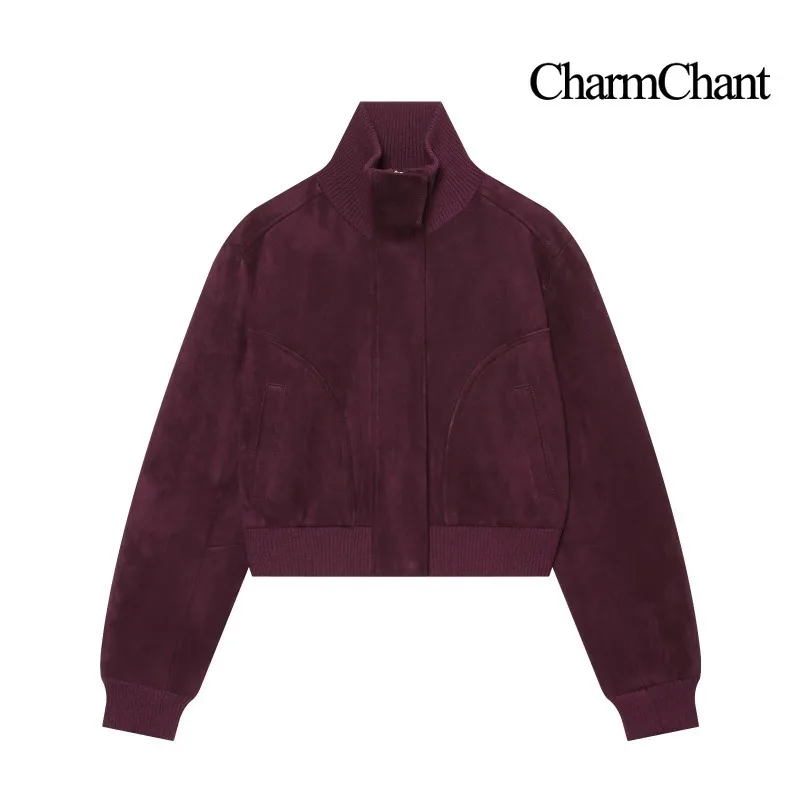 CHARMCHANT Women's Cropped Suede Bomber Jacket Ribbed Knit Trim Zip Up Stand Collar Outerwear For Daily Street Casual Fall 2026