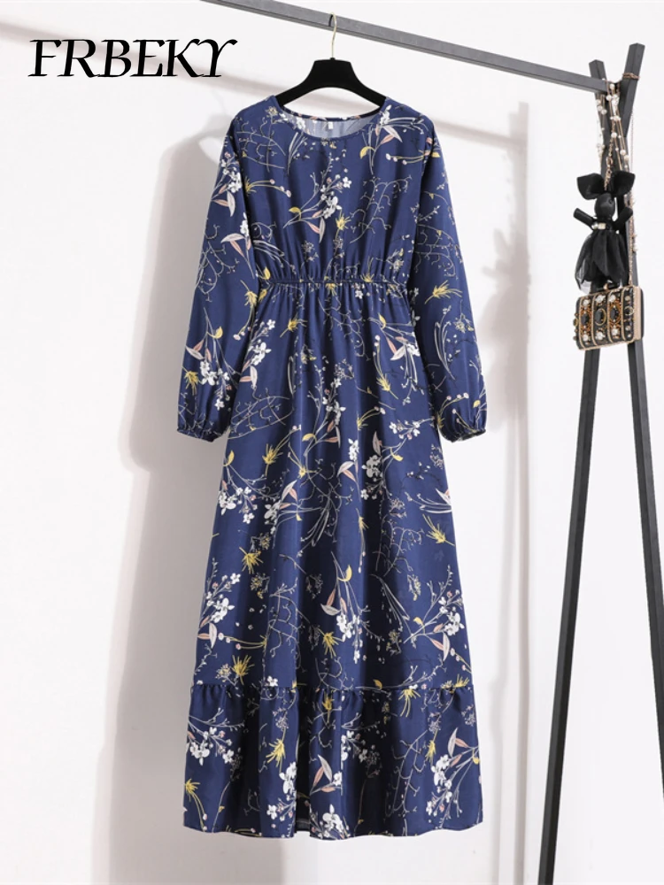 Nowe sukienki wiosna lato okrągły dekolt sukienka kwiatowa elegancki nadruk wysoki stan sukienki plażowe z długim rękawem Vestdos Streetwear