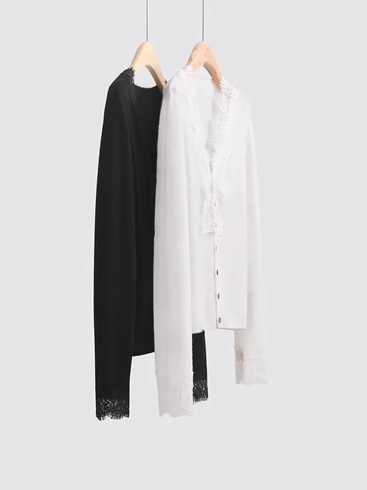 بلوزة نسائية خريفية أنيقة بأكمام طويلة وتصميم محبوك مع تطريز دانتيل ولون واحد بأسلوب فرنسي وياقة على شكل V وإغلاق بأزرار