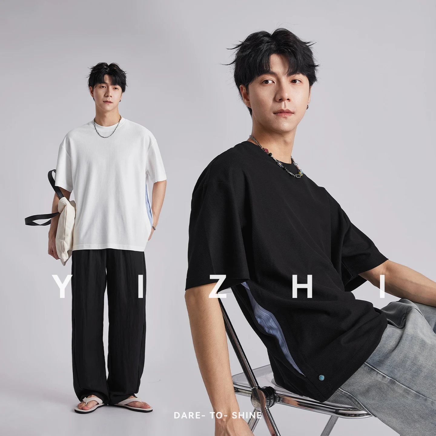 

Men's 210g Heavyweight Korean Deconstructed Spliced T-shirt 2026 Summer Round Neck Loose Casual Commuter Short Sleeve Tops