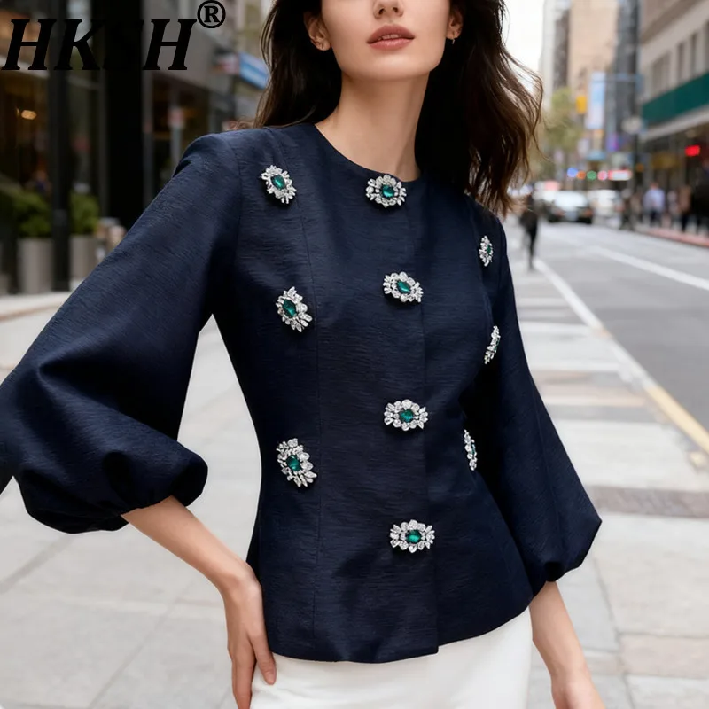 

HKSH весенне-осенние новые женские рубашки с круглым вырезом и рукавами девять четвертей с шипами и разноцветными бриллиантами, роскошная французская городская шикарная блузка HK12995