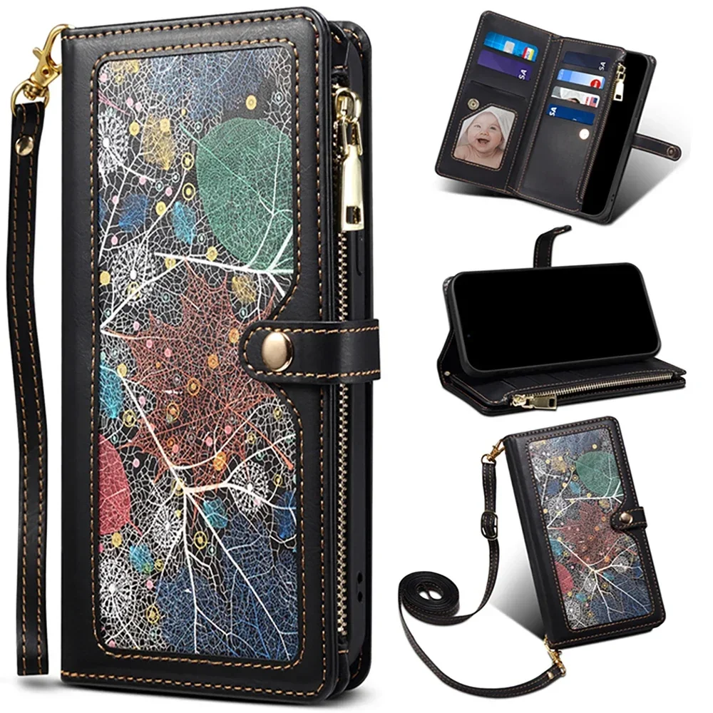 Flip Case For Oneplus 12 5G Crossbody Strap Leather Wallet Zipper Cover OnePlus ACE 3 Lxuury Funda One Plus 12R 12 R Book Case