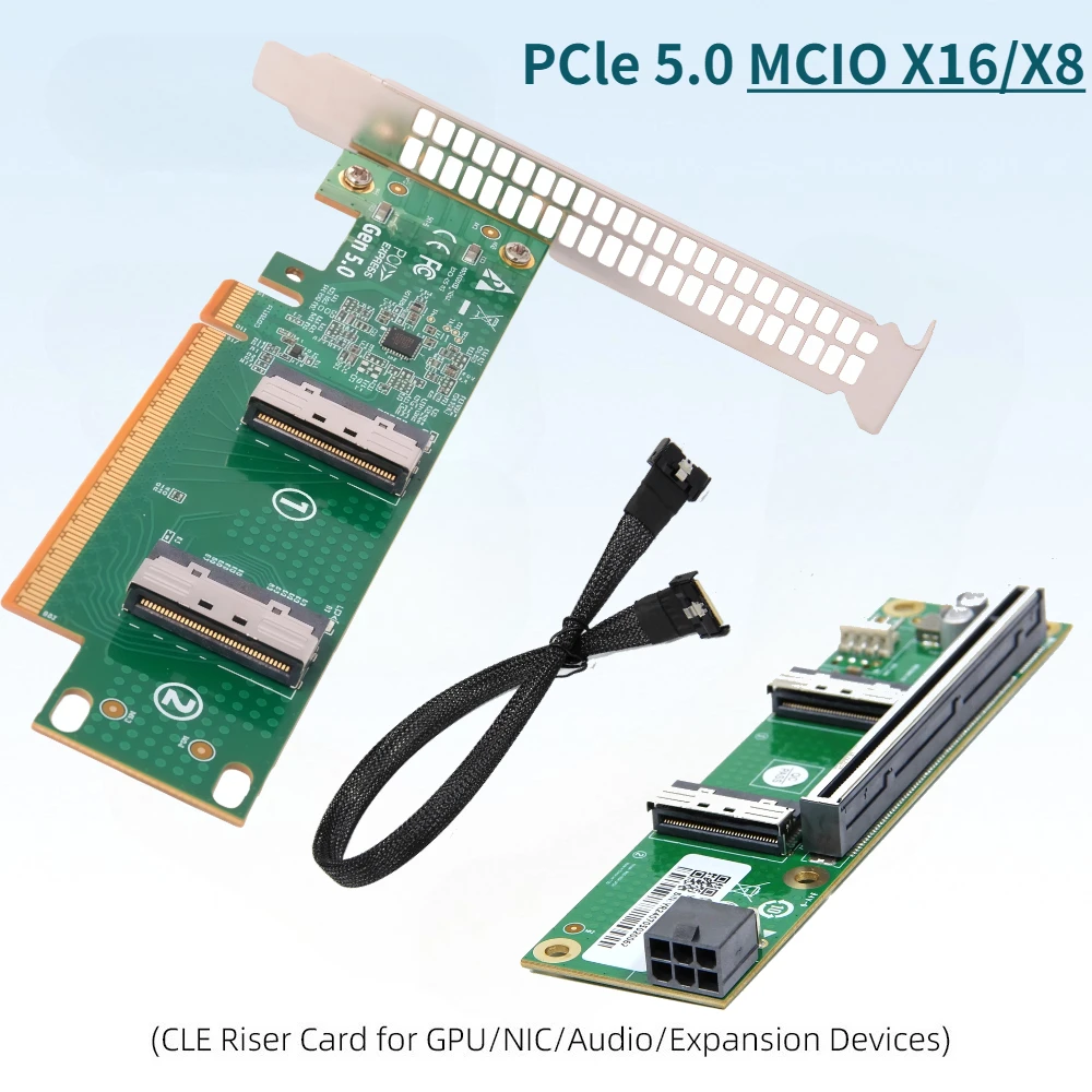 PCle 5.0 Dual MCIO X16 / X8 X4 External Expansion Adapter Baseplate Riser Card for GPU Discrete Graphics Card 6-Pin Power Supply