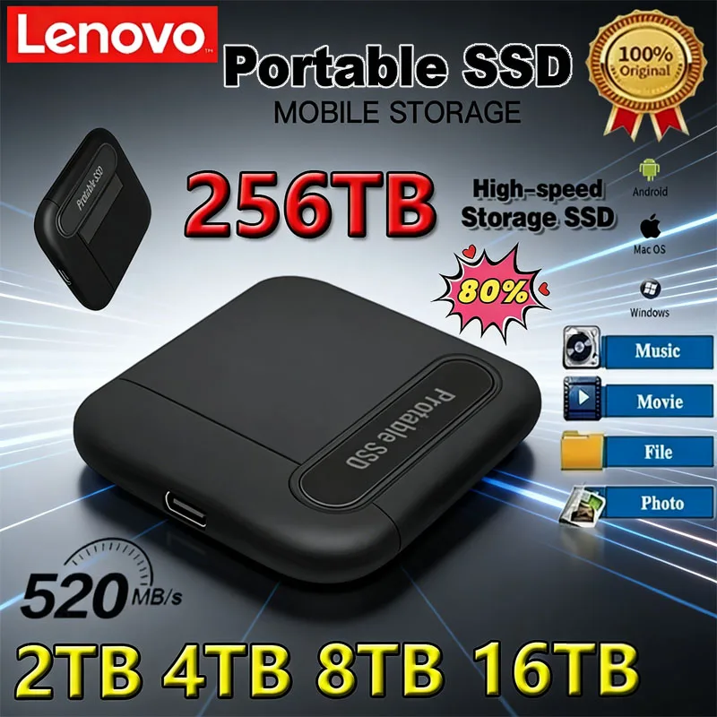 

Оригинальный внешний жесткий диск Lenovo 2 ТБ, 4 ТБ, 8 ТБ, портативный SSD-накопитель USB 3.1, устройство хранения данных для ноутбуков и настольных ПК