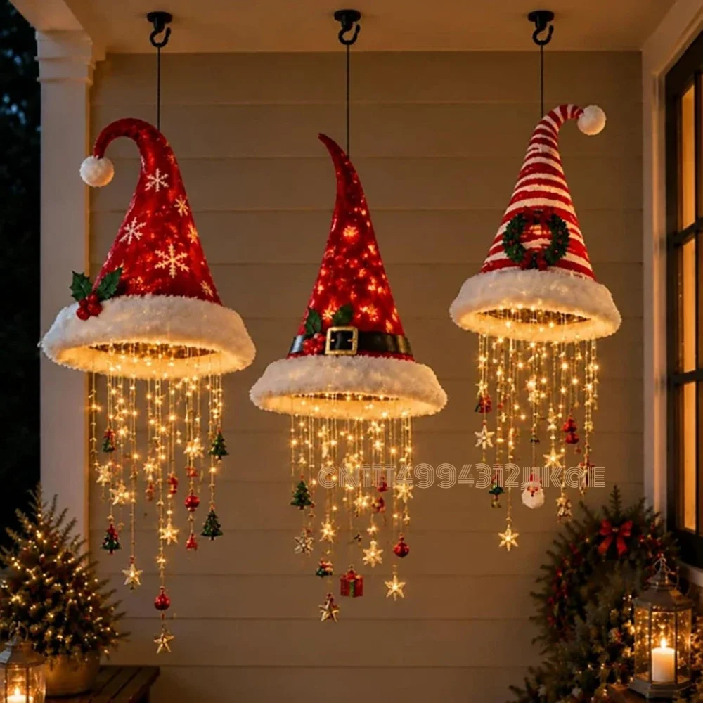 Glowing Santa Hat Hanging Chandelier, Warm LED Lighted,Cascading String Lights for Porch Holiday Party Home Decoratio - view 6