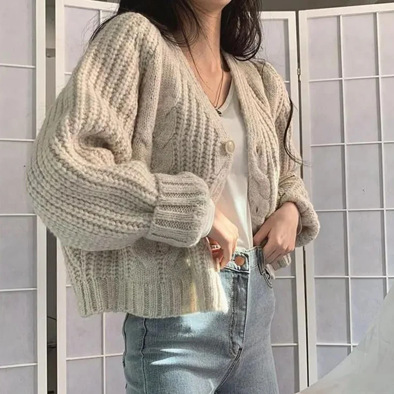 Korean Fashion Cropped Twist Cardigan Women 2024 Chic Long Sleeve Knitted Cardigans Woman Solid Color V Neck Sweater Jackets