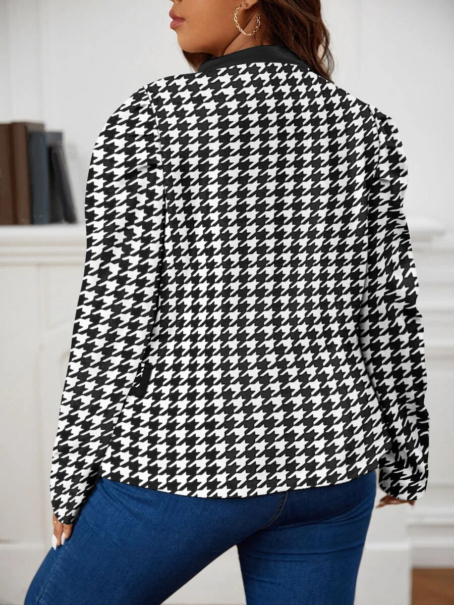 Elegant Korean Autumn Plus Size Women's Clothing New In Jacket with Houndstooth Print O-Neck Open Collar Casual Women's Jacket