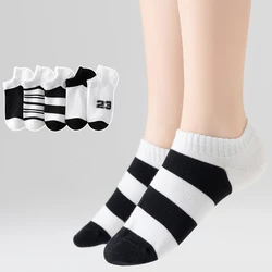 2024 Summer Kids Shallow Short Socks 100% Cotton Black White Striped Breathable Invisible Boys Girls Boat Socks for 1-12 Years