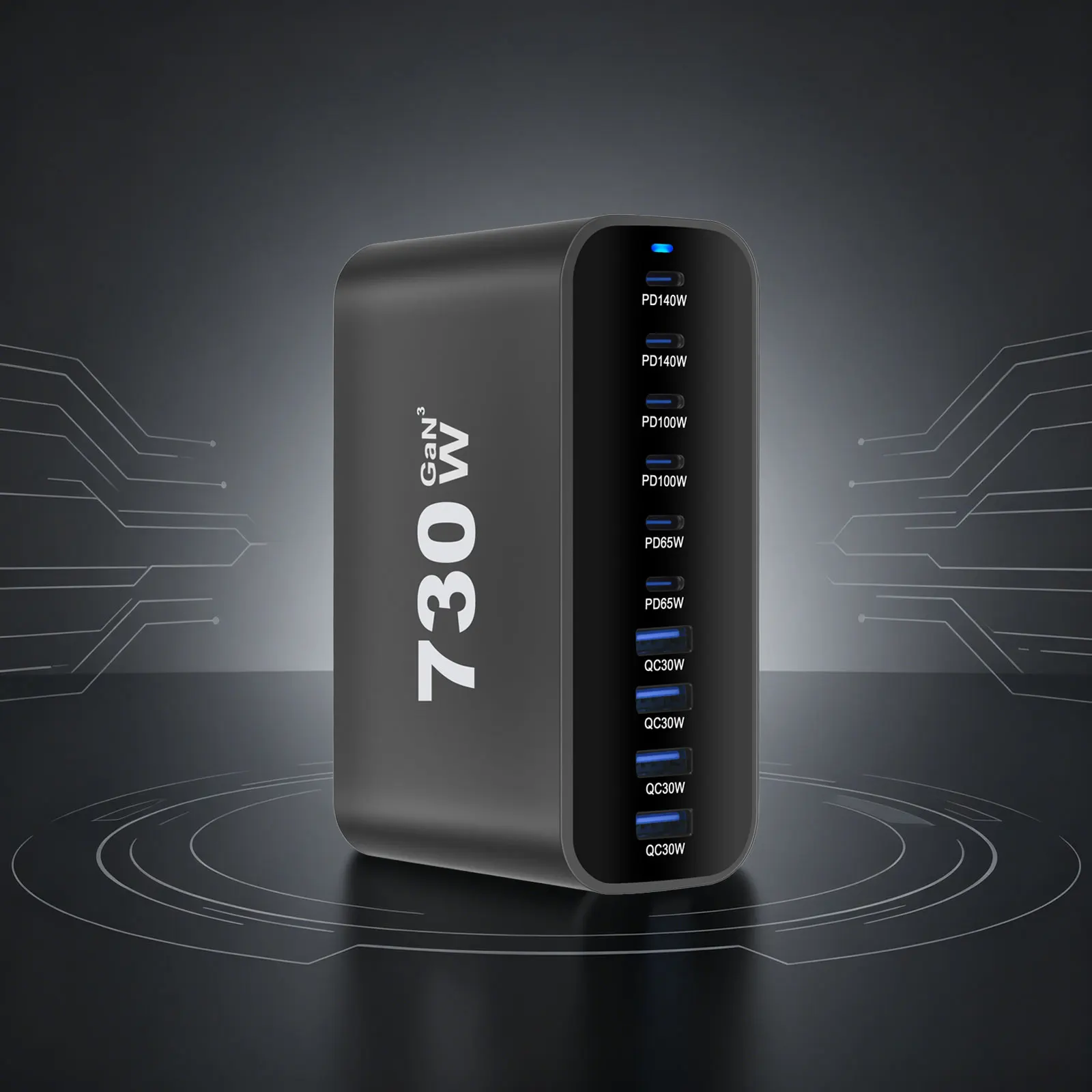 Multi-Port 730W GaN Fast Charging Desktop Charger 10-Port 6C4A Charging Station for Phones Tablets & Devices High Power Density