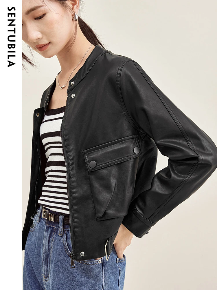 

SENTUBILA Women Pu Leather Jacket 2025 Spring Black Long Sleeve Zipper Faux Leather Cropped Jackets Female Outerwear W33G49937