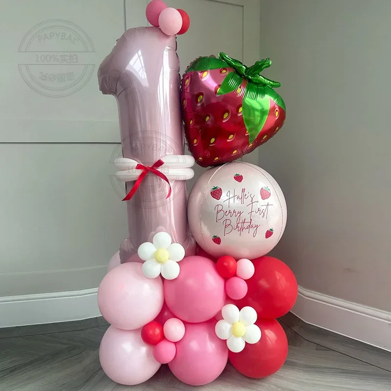 49pcs Fruit Strawberry Balloon Column Set Girl Princess Birthday Colorful Baby Shower Gender Reveal Party Decors Wedding Globos