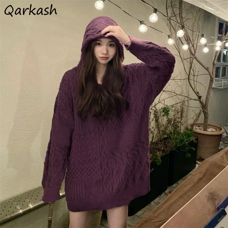 Hooded Jacquard Pullovers Women Knitted Baggy Vintage Streetwear Warm Long Sleeve Sweaters Korean Fashion Lazy Sueters Mujer New