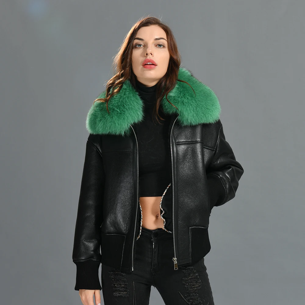 Luxyonuo Women Genuine Sheepskin Jacket Luxury Fox Fur Collar Winter Lamb Fur Shearling Coat Ladies Leather Outerwear New