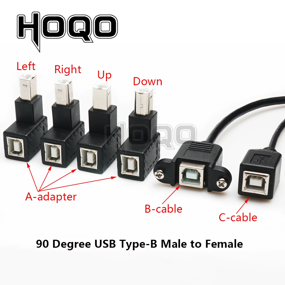 1ft Left/Right Bend USB 2.0 B Male to Female Adapter USB Type B Wire Socket Printer Panel Mount Extension Cable Lock Connector