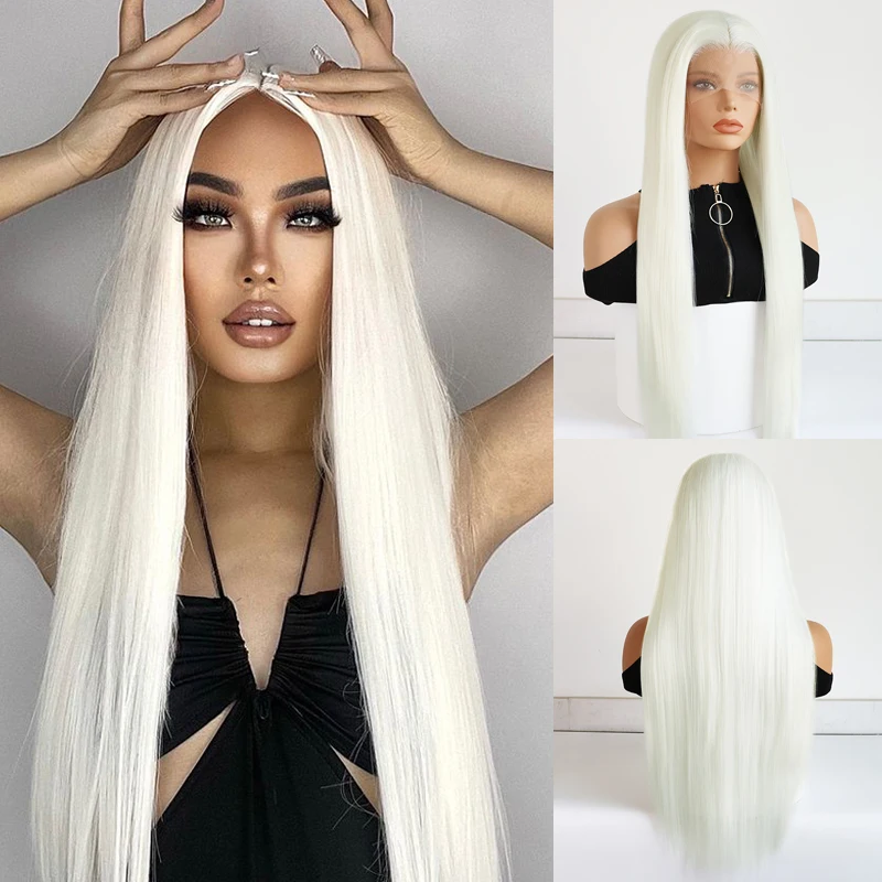 Long White Synthetic Hair 13x3 Lace Front Cosplay Wig For Daily Use  Free Part Heat Resistant Synthetic Platinum Blonde Colored