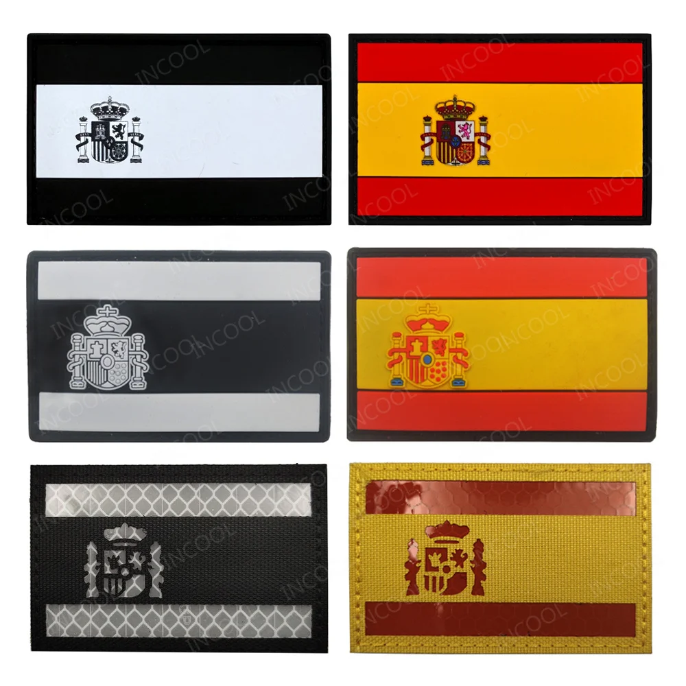 Spain Flag White PVC Rubber Luminous Flag Patches Appliques IR Reflective Spanish Embroidered Badges for Clothing Backpack Cap