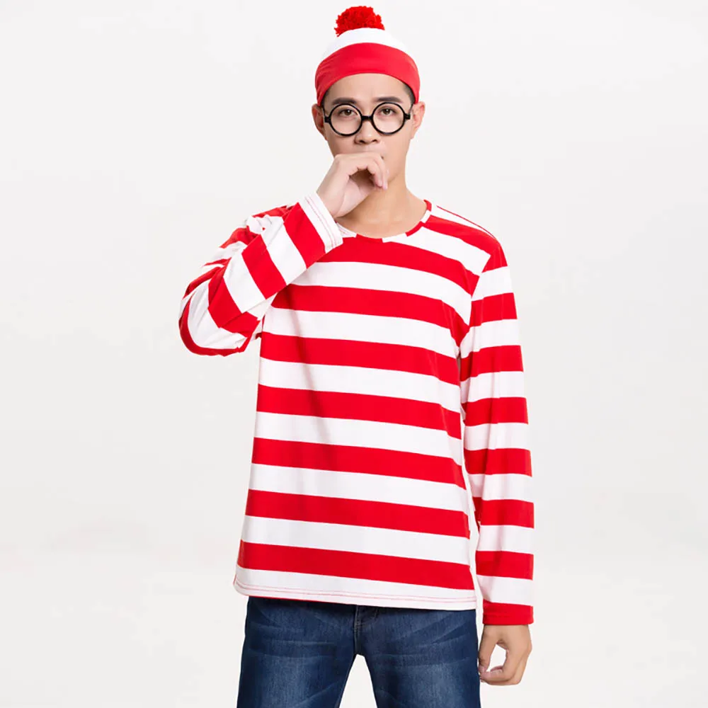 Adults Mens Ladies Wally Wenda Waldo Character Costume Halloween Purim Outfit Book Week Fancy Dress Shirt Hat Glasses Outfit