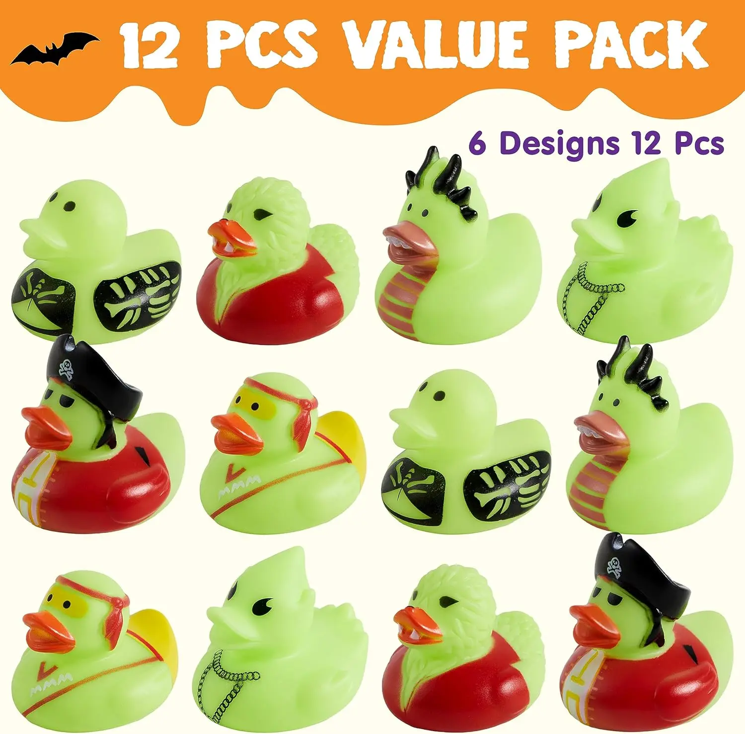 Halloween Rubber Duck Glow in The Dark with 6 different character for Halloween Decor,Trick or Treat present,Goodie Bag Filler