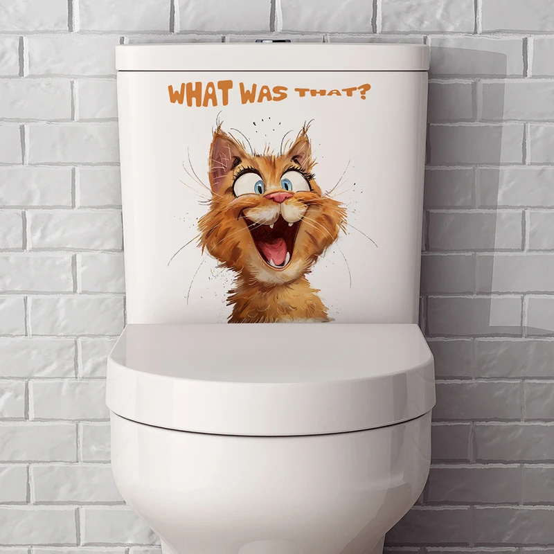 What Wa That? Cartoon Cat Toilet Sticker Bathroom Toilet Cover Sticker Wall Sticker WC Home BathRoom Decoration Decals S365