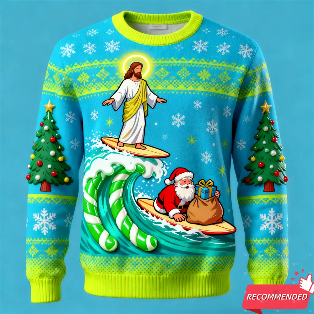 

Новинка 2025, толстовки с рисунком Санта-Клауса и Иисуса, рождественский скейтборд, серфинг, уродливый свитер, милые пуловеры для мальчиков, рождественские топы унисекс Y2k