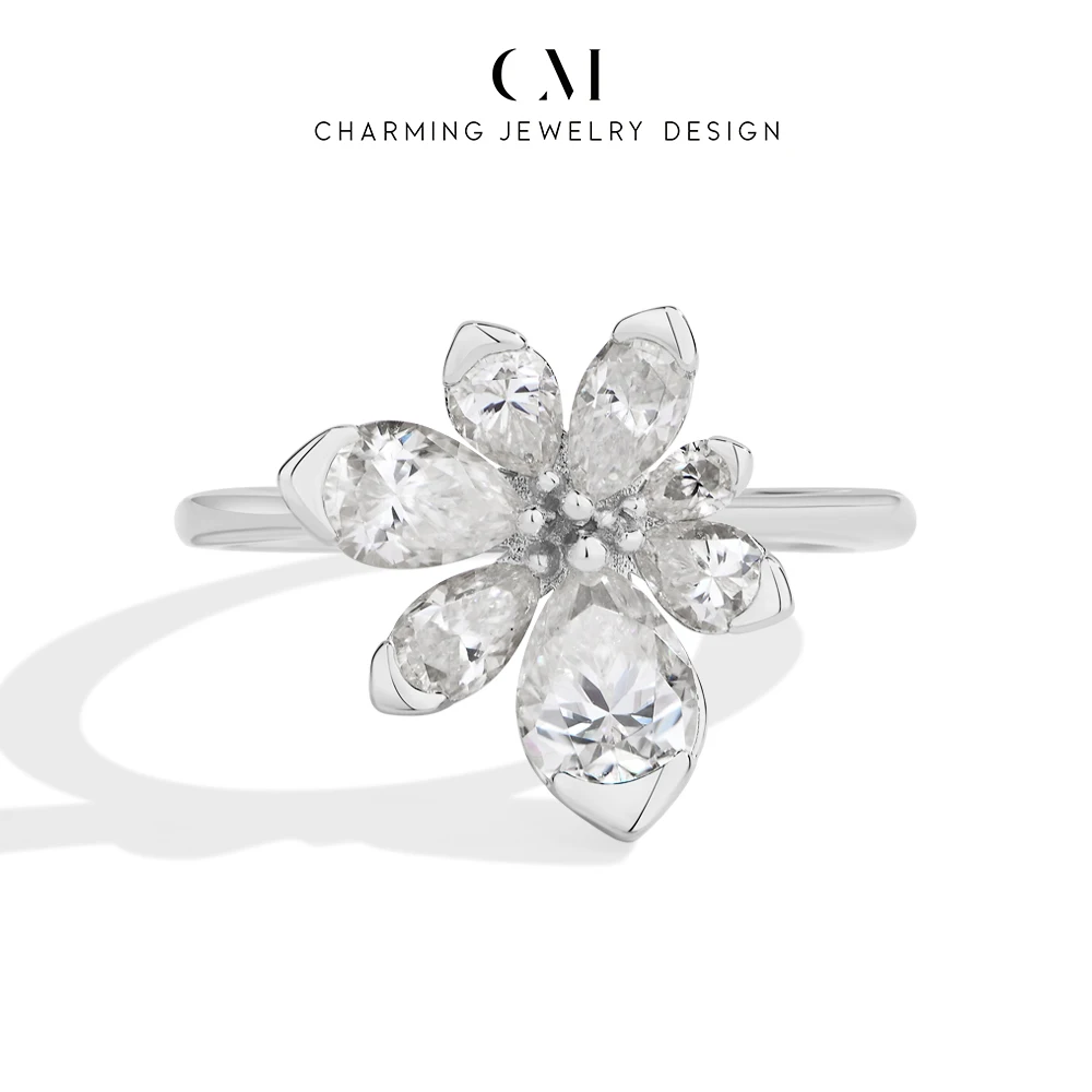 CHARMING Romantic Flower Pear-cut Water Drop Moissanite Ring S925 Silver for Women Party Daily Jewelry Gifts High Value Wedding