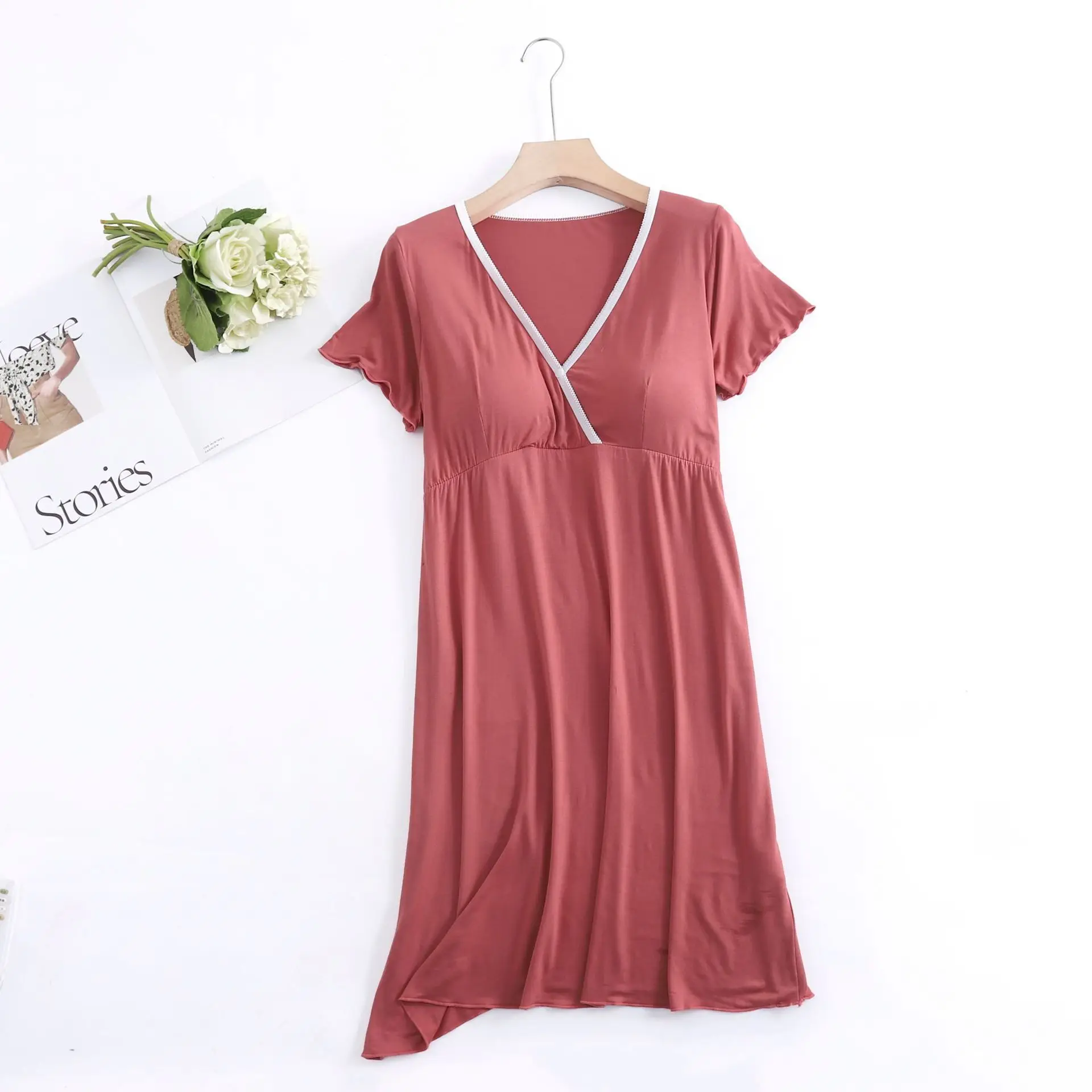 Fdfklak New Arrival Summer Short-Sleeve Nursing Dress For Pregnant Women V-Neck Pregnancy Dress Solid Pajama Nightgown