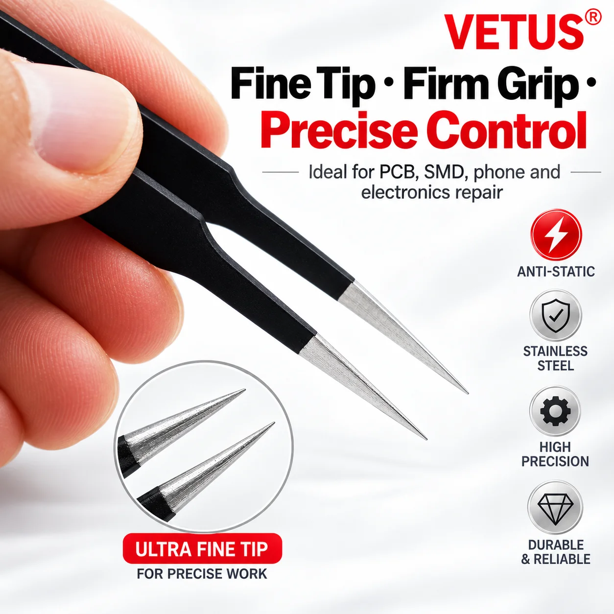 VETUS ESD Antistatische Präzisionspinzette aus Edelstahl ESD10 ESD11 ESD12 ESD13 ESD14 ESD15 für PCB-Lötarbeiten und Elektronikreparaturen – Detail 6