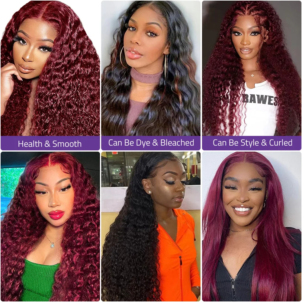 بورجوندي موجة عميقة 13x6 HD الدانتيل أمامي باروكة من شعر طبيعي، # 99J شعر مستعار دانتيل أمامي مجعد أحمر اللون مقاس 36 بوصة مقاس 13 × 4 للنساء.