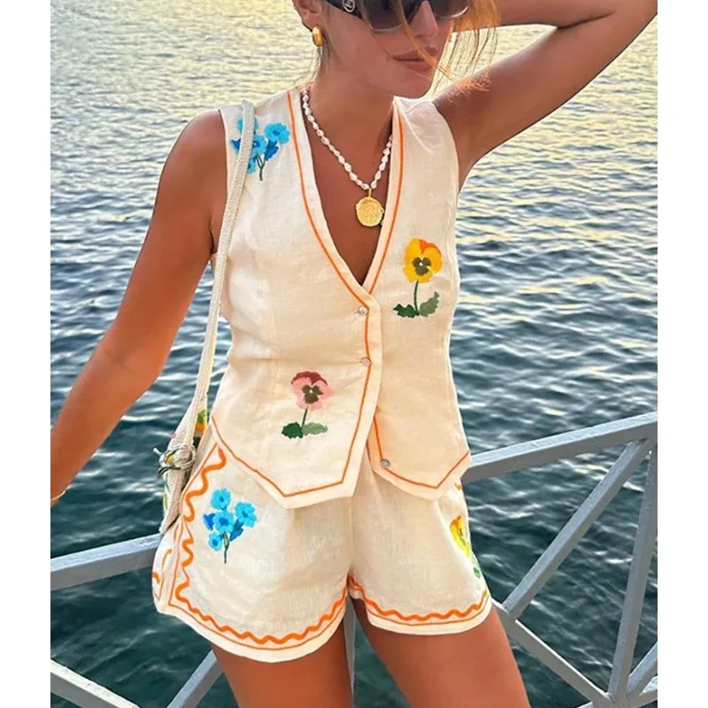 Floral Embroidery Tank Shorts Set Sexy Women's Sleeveless V-neck Waistcoat Set 2024 Summer Fashion Women's Loose Suit