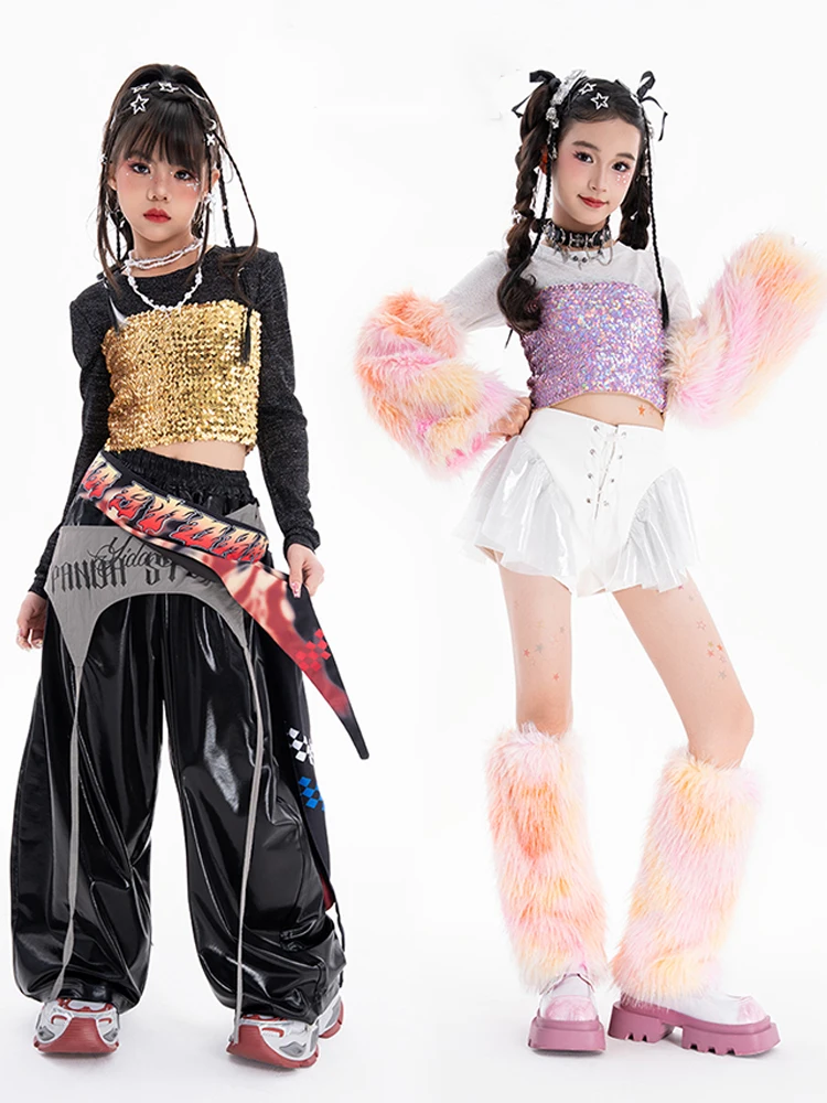 Kinder Kpop Hip Hop Kleidung Mädchen Jazz Dance Kostüm Pailletten Weste Nabel Mesh Tops Hosen Moderne Straße Tragen Mode Anzug BL17517