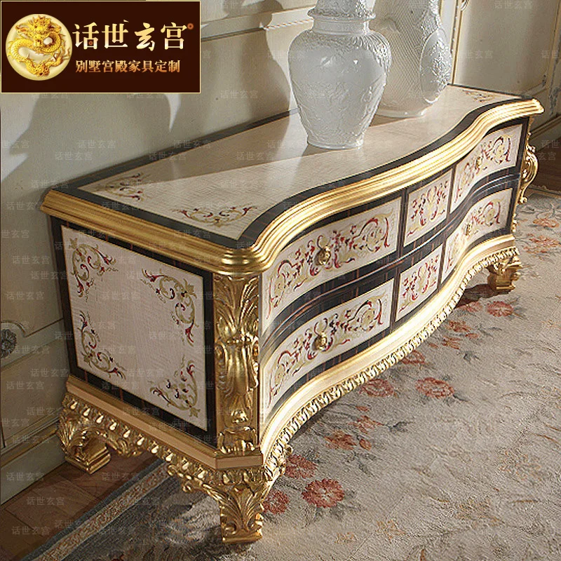 Luxury European solid wood carved TV cabinet shell art parquet floor cabinet villa living room cabinet