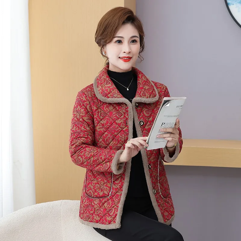 Middle-Aged And Elderly Women's Fleece Jacket Women Floral Cotton Coat Middle-Aged And Elderly Mothers Thick Winter Outerwear