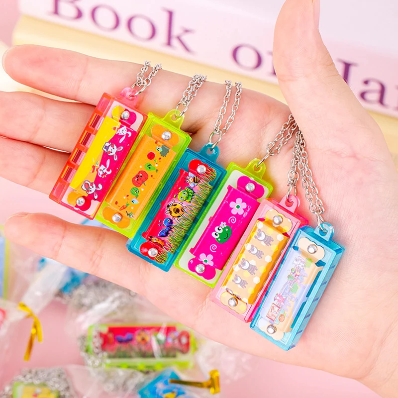 10Pcs Cartoon Mini Harmonica with Necklace Musical Instrument Toys for Kids Birthday Party Favors Baby Shower Pinata Fillers