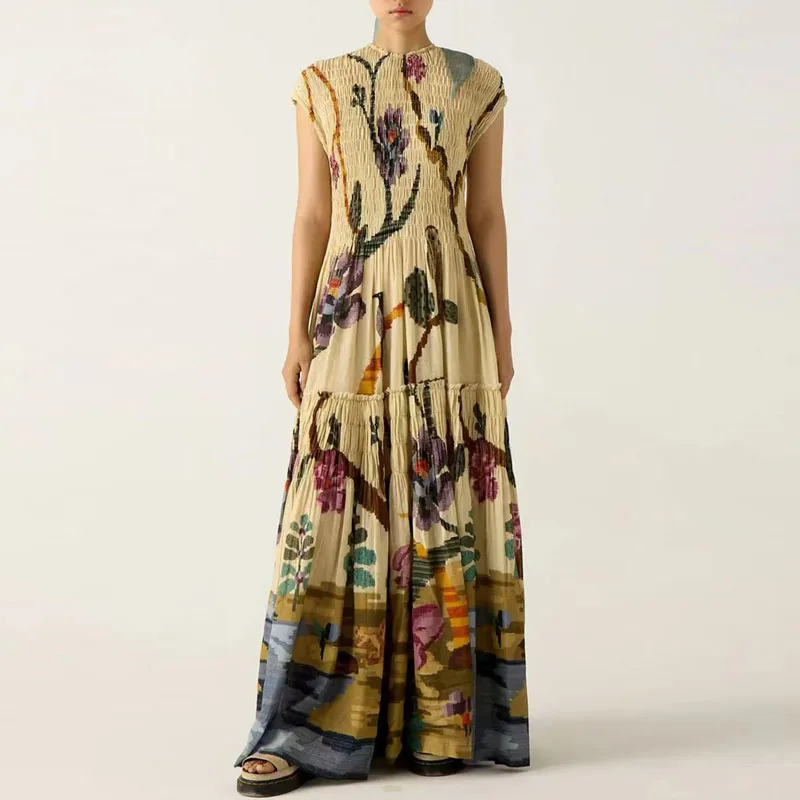 Długa sukienka damska z okrągłym dekoltem i plisowanym dołem, wzór wiosenny 2025, sukienka vintage na przyjęcie, damska sukienka maxi boho z krótkim rękawem i luźnym krojem.