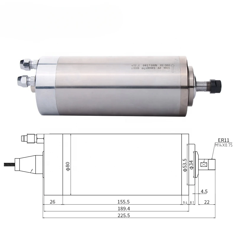 HYCNC HQD1.5KW ER11 CNC router water cooled spindle motor kit 0.01high precision diameter 80mm length190mm 1.5kw vfd inverter