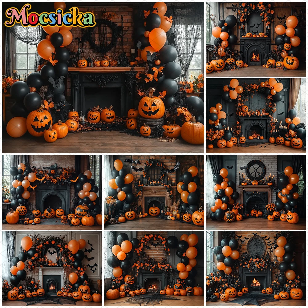 

Mocsicka Halloween Pumpkin Backgrounds Black Fireplace Orange Balloons Party Backdrops Photography Indoor Bat Decorations Banner