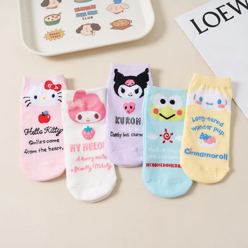 5Pcs Sanrio Hello Kitty Kuromi Socks Anime Short Harajuku Boat Cartoon Kawaii Cute Women's Print Cotton Stockings Wholesale