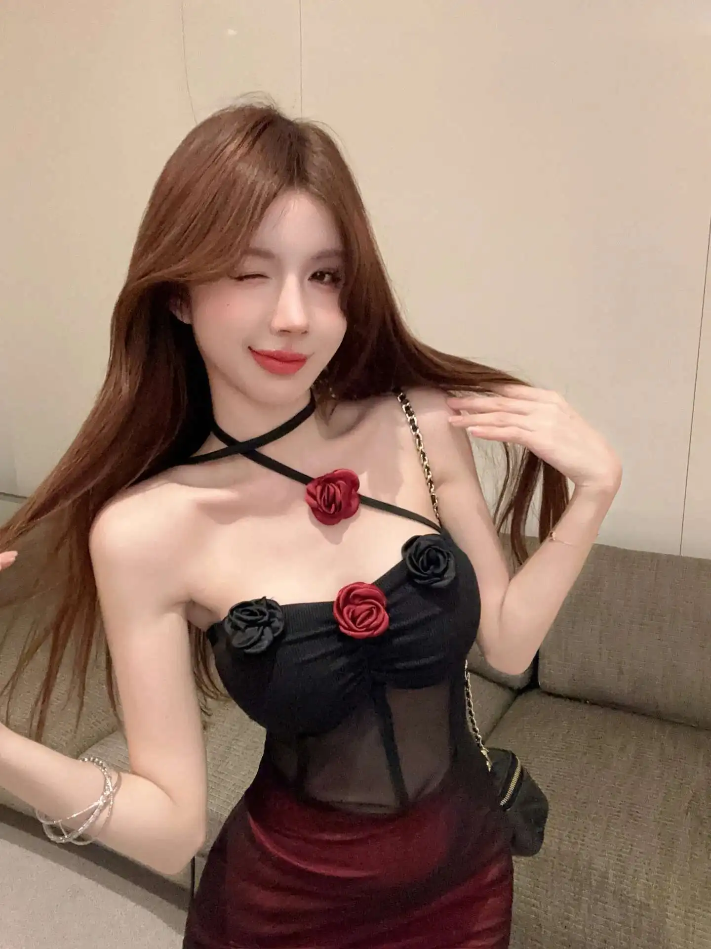 Summer Fashion 2024 Spicy Girl Flower Hanging Neck Backless Mesh Splicing Sheer Cinching Waist Slim Wrap Hip Short Dress 3C78