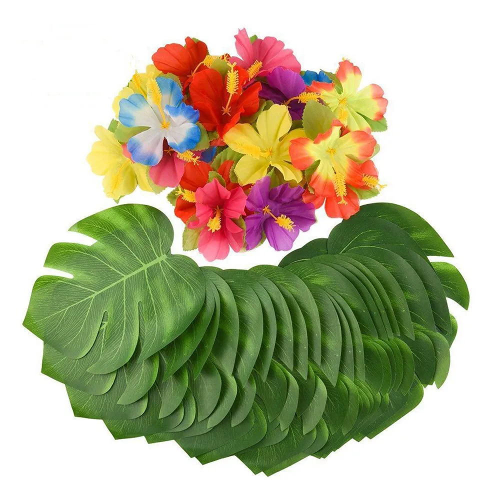 

32 шт. Премиальные искусственные стебли гибискуса и тропических листьев для ваз, декора дома, садовых вечеринок, с натуральным видом, не требующие ухода