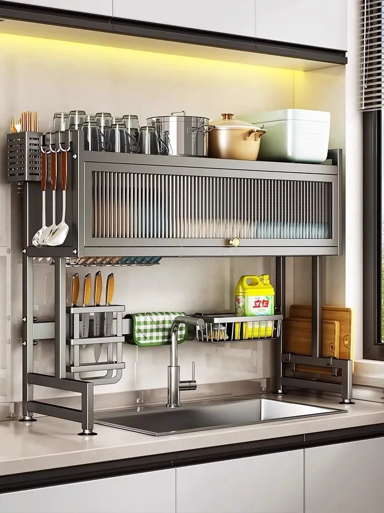 

Gun gray kitchen sink rack dust-proof dishes kitchen utensils new multi-functional storage drain rack