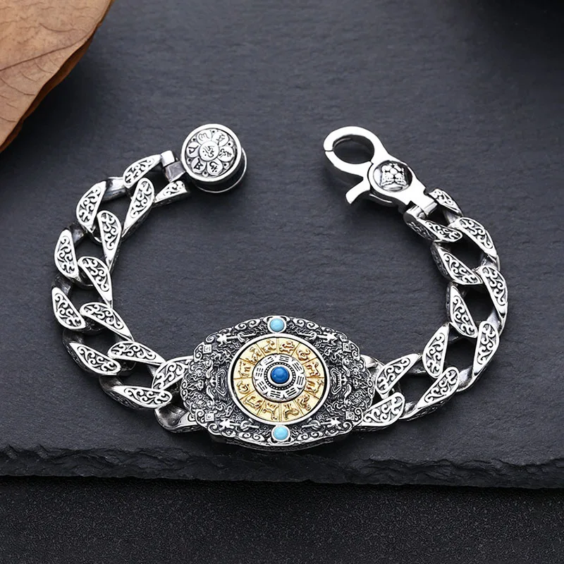 Retro 925 Silver Zodiac Bracelet for Men, Exquisite, Zodiac, Auspicious Eternal Vine, Cuban Link Chain, Party, Friendship Gift